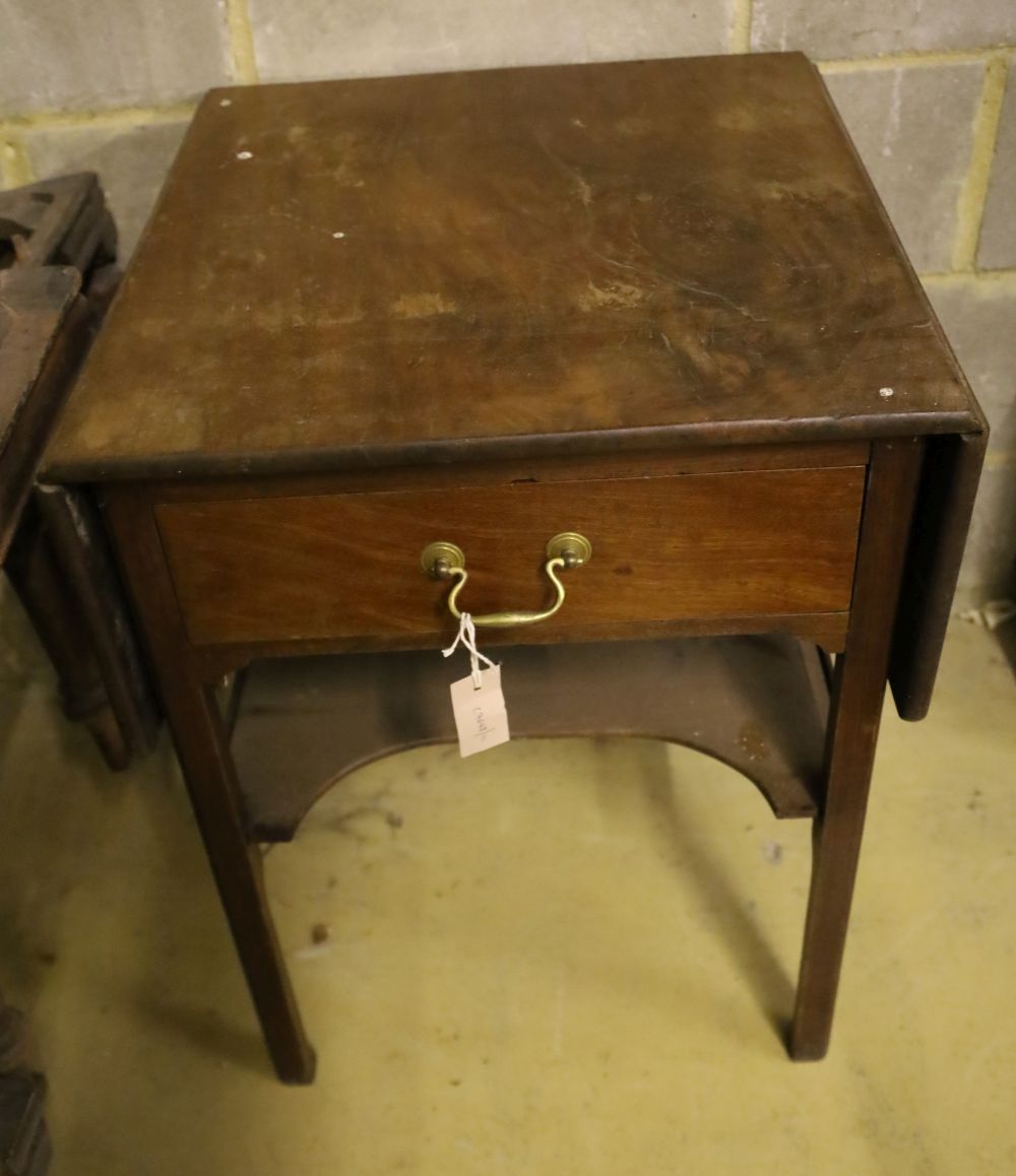 A George III mahogany drop flap two tier table, width 56cm, depth 61cm, height 71cm